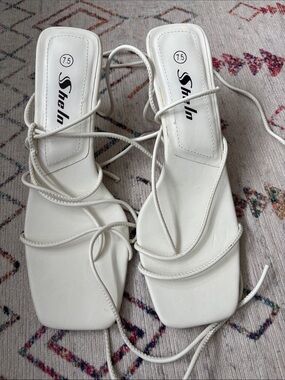 SHEIN White Lace-Up Square Toe Heel Sandals